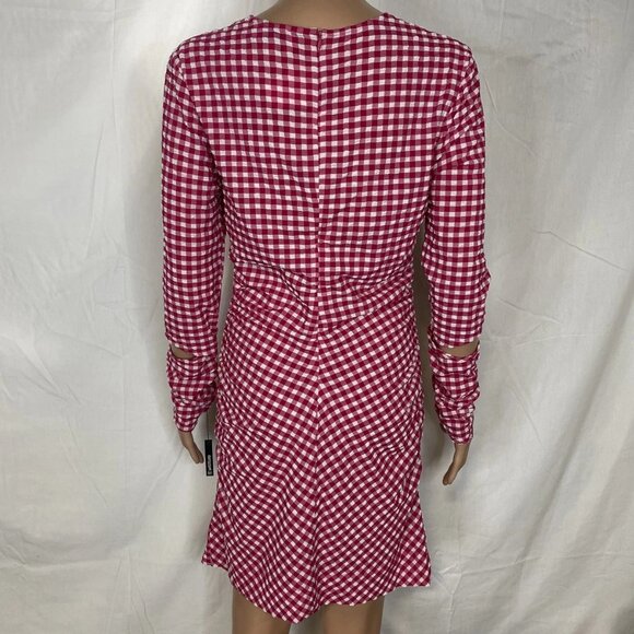 NEW GANNI Women's Seersucker Cut-Out Checked Mini Dress Red/White Size 8 - Picture 7 of 13
